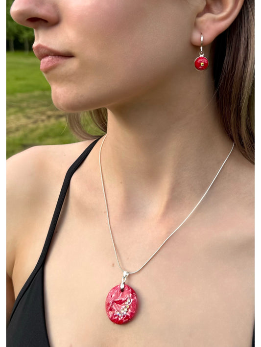 Kõrvarõngaste ja ripatsi komplekt – „Punane roos” disain