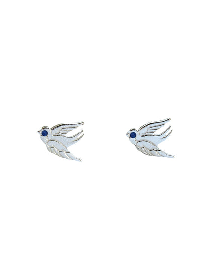 Sterling Silver Swallow Earrings with Sapphires – Elegant Nature Style