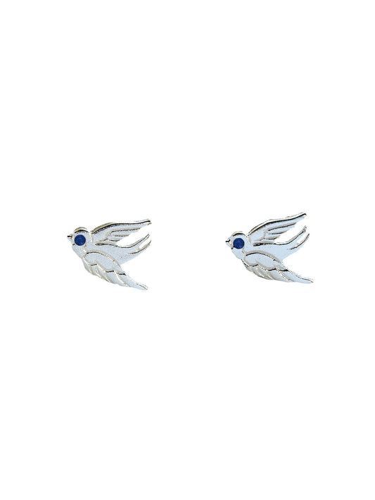Sterling Silver Swallow Earrings with Sapphires – Elegant Nature Style